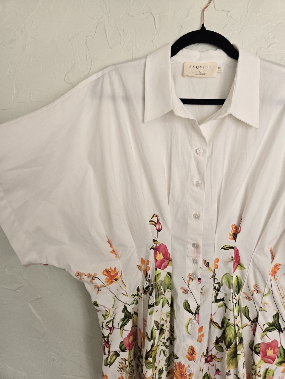 Anthro EXQUISE Pleated Floral Button Up White Pink Top, XL - Picture 4 of 11
